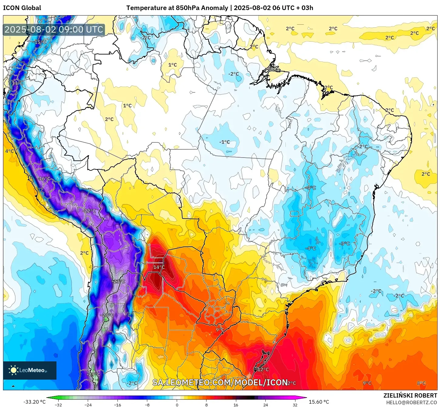 ICON model - Brasil, Anomali Suhu 850 hPa ICON model - Brasil, Anomali Suhu 850 hPa