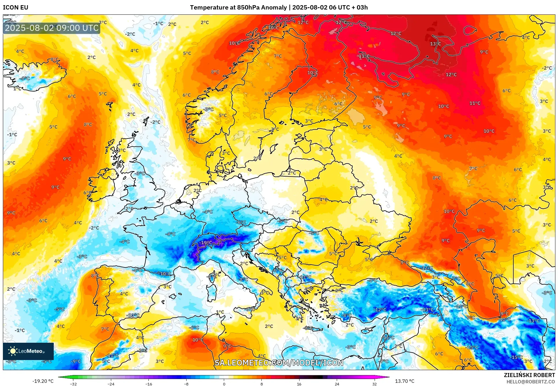 ICON model - Eropa, Anomali Suhu 850 hPa ICON model - Eropa, Anomali Suhu 850 hPa