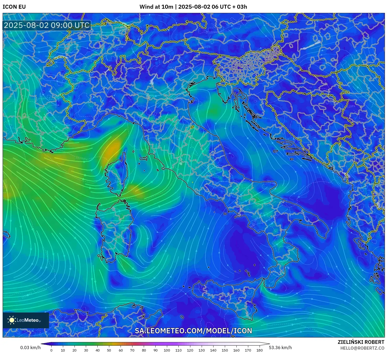 ICON model - Italia, Angin 10 m