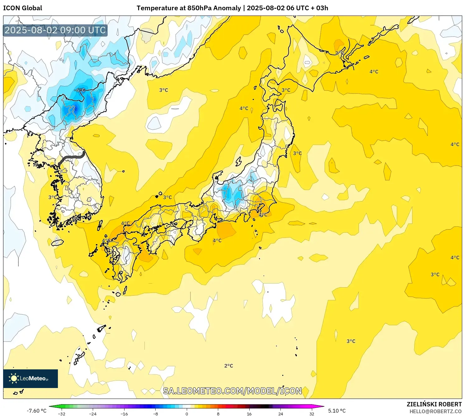 ICON model - Jepang, Anomali Suhu 850 hPa ICON model - Jepang, Anomali Suhu 850 hPa