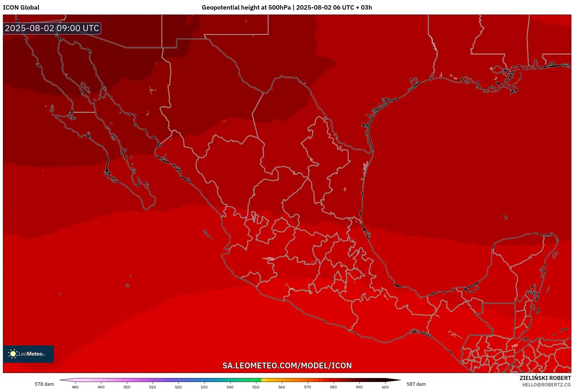 ICON model - Mexico, Ketinggian geopotensial pada 500 hPa ICON model - Mexico, Ketinggian geopotensial pada 500 hPa