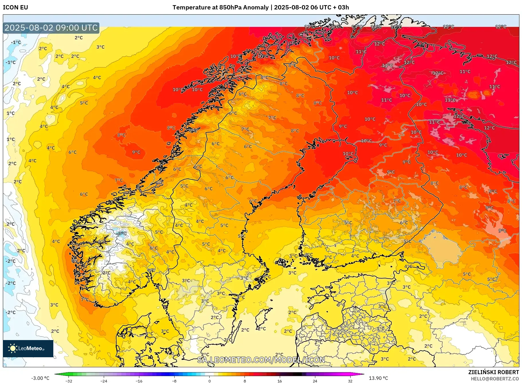 ICON model - Skandinavia, Anomali Suhu 850 hPa ICON model - Skandinavia, Anomali Suhu 850 hPa