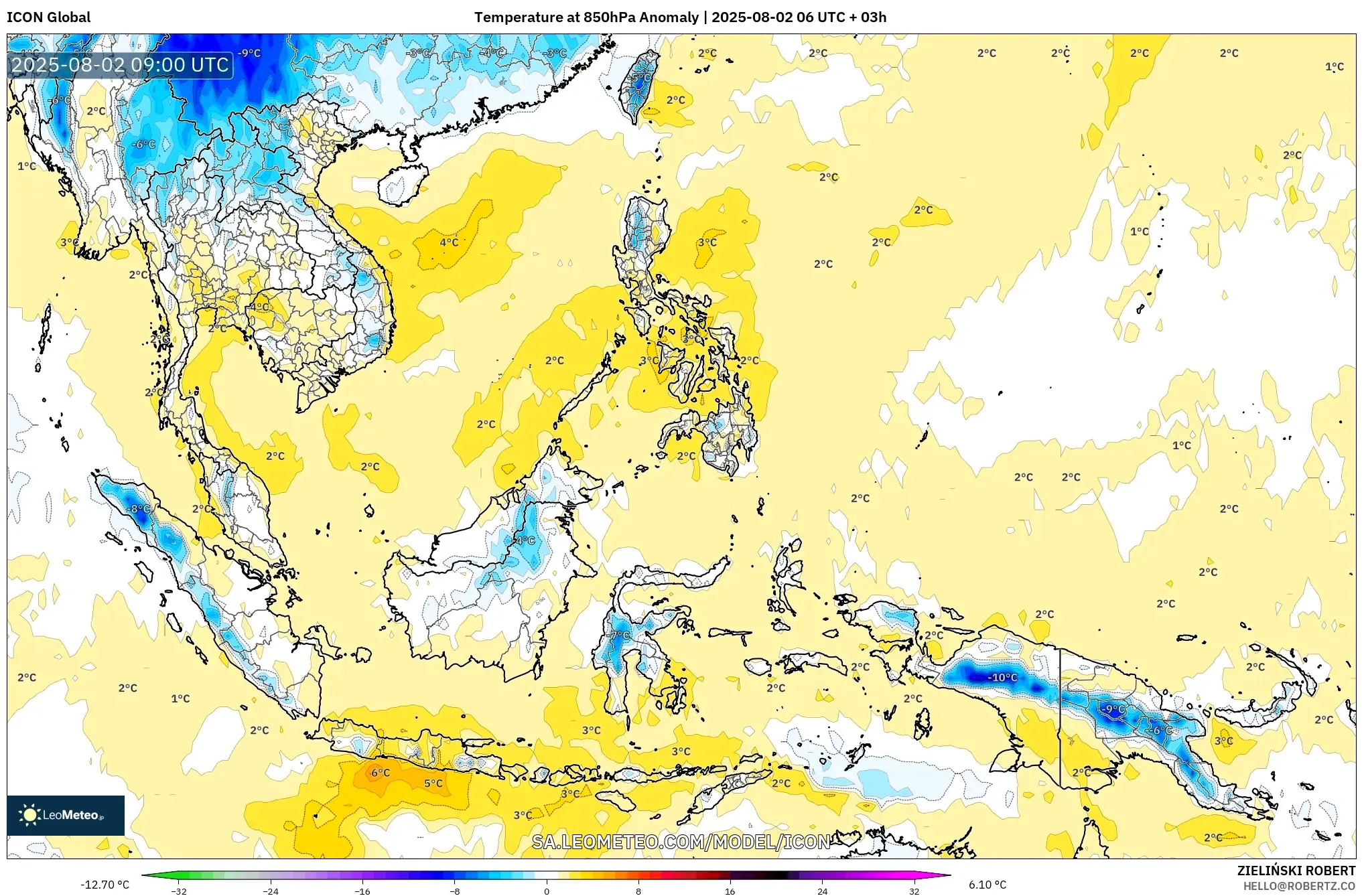 ICON model - Asia Tenggara, Anomali Suhu 850 hPa ICON model - Asia Tenggara, Anomali Suhu 850 hPa