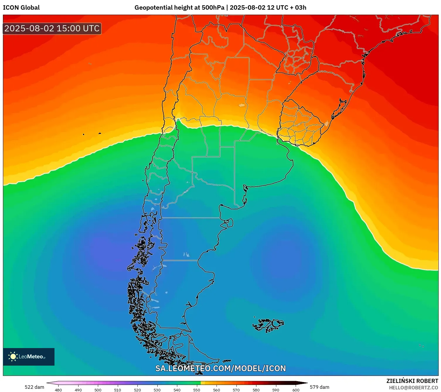 ICON model - Argentina, Ketinggian geopotensial pada 500 hPa ICON model - Argentina, Ketinggian geopotensial pada 500 hPa