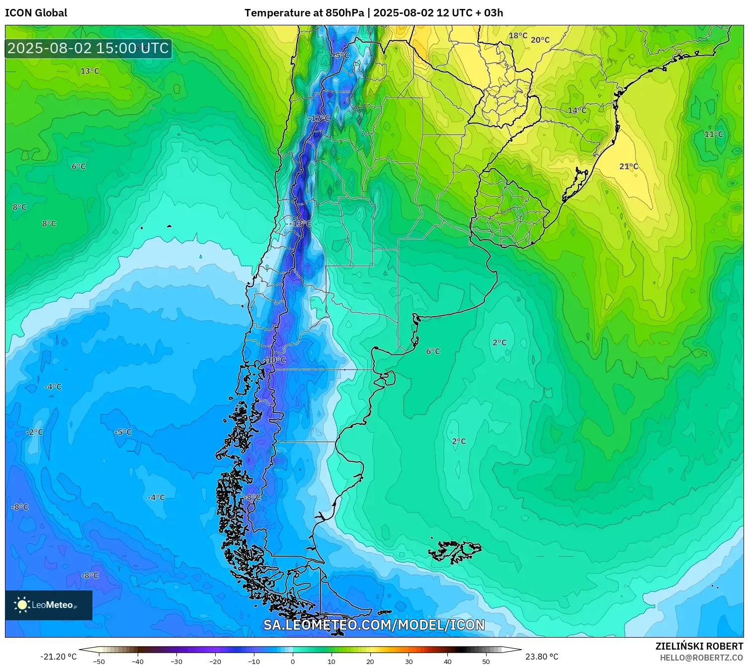 ICON model - Argentina, Suhu 850 hPa ICON model - Argentina, Suhu 850 hPa