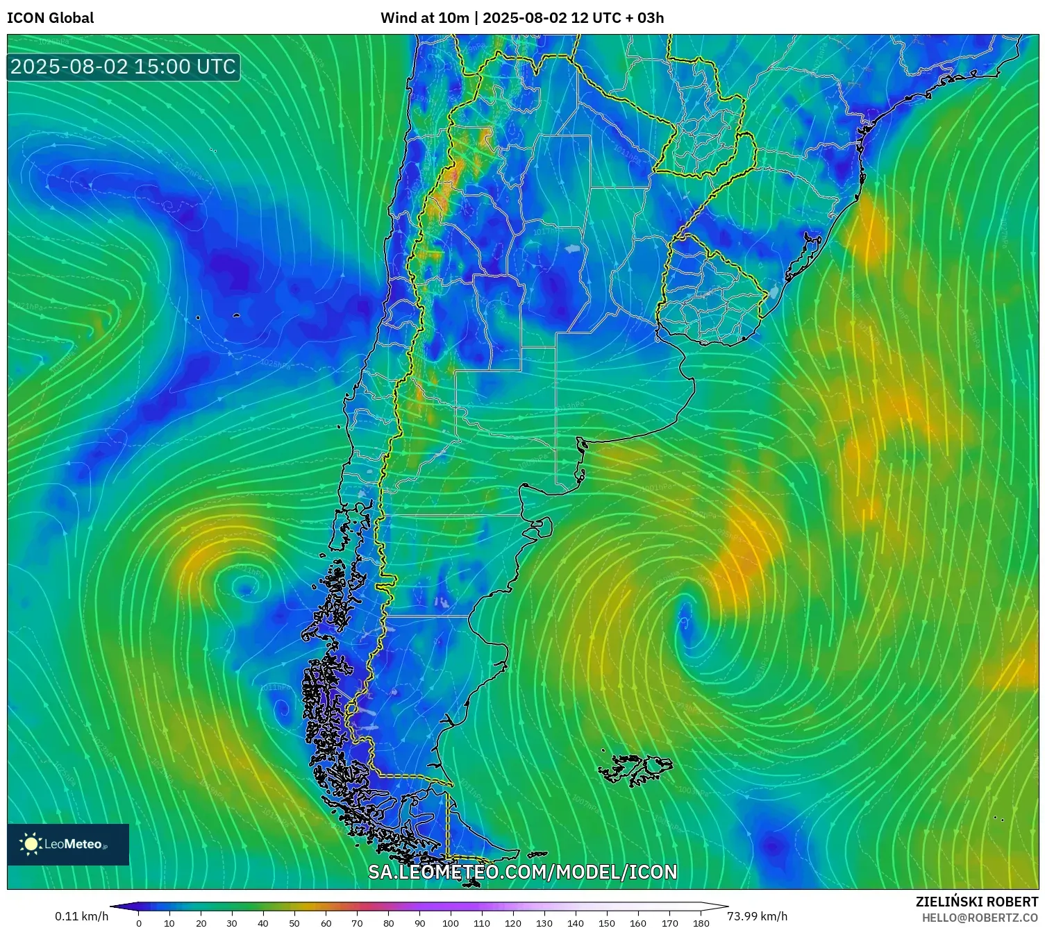 ICON model - Argentina, Angin 10 m ICON model - Argentina, Angin 10 m