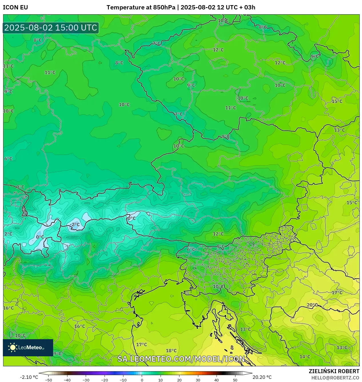 ICON model - Austria, Suhu 850 hPa ICON model - Austria, Suhu 850 hPa