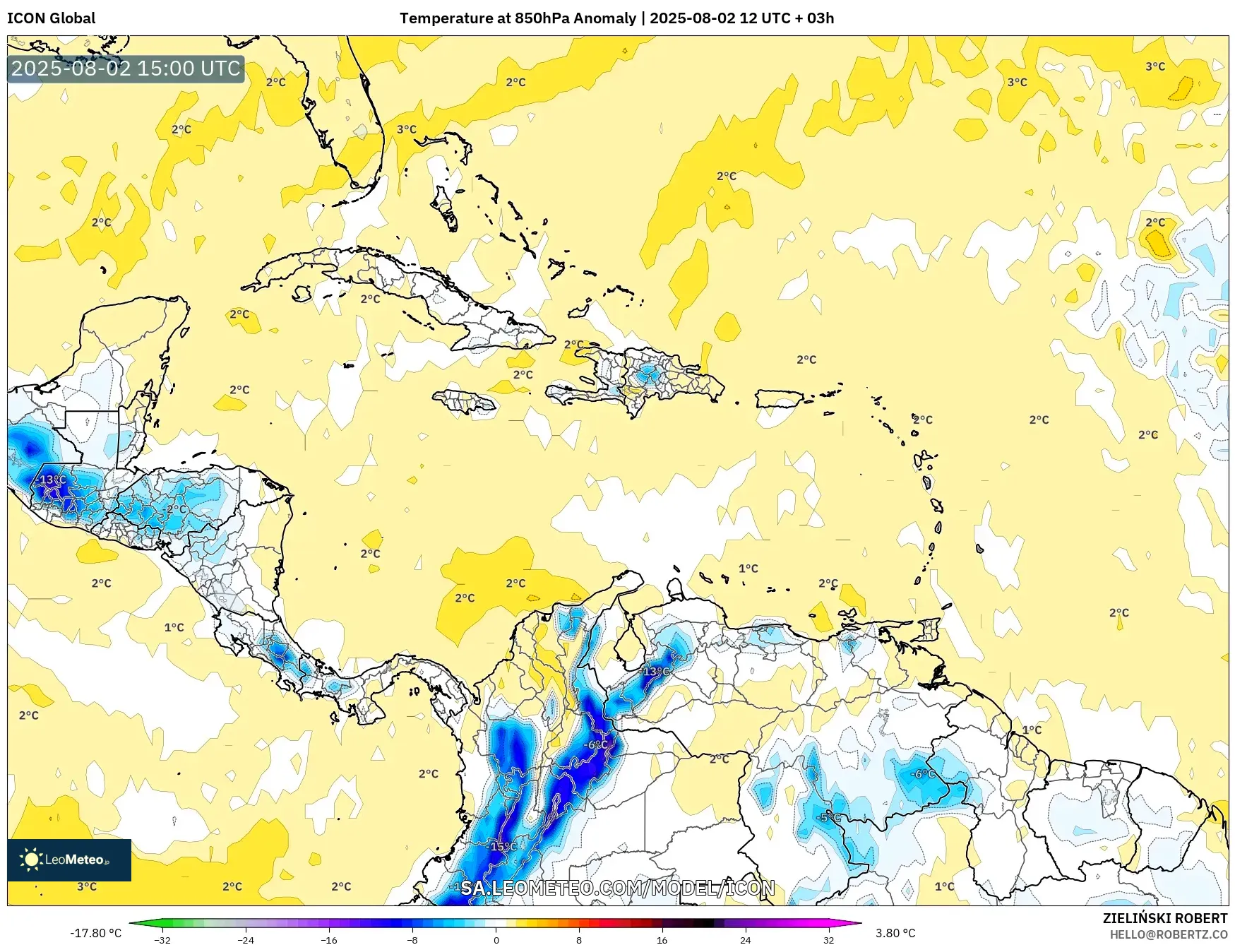 ICON model - Karibia, Anomali Suhu 850 hPa