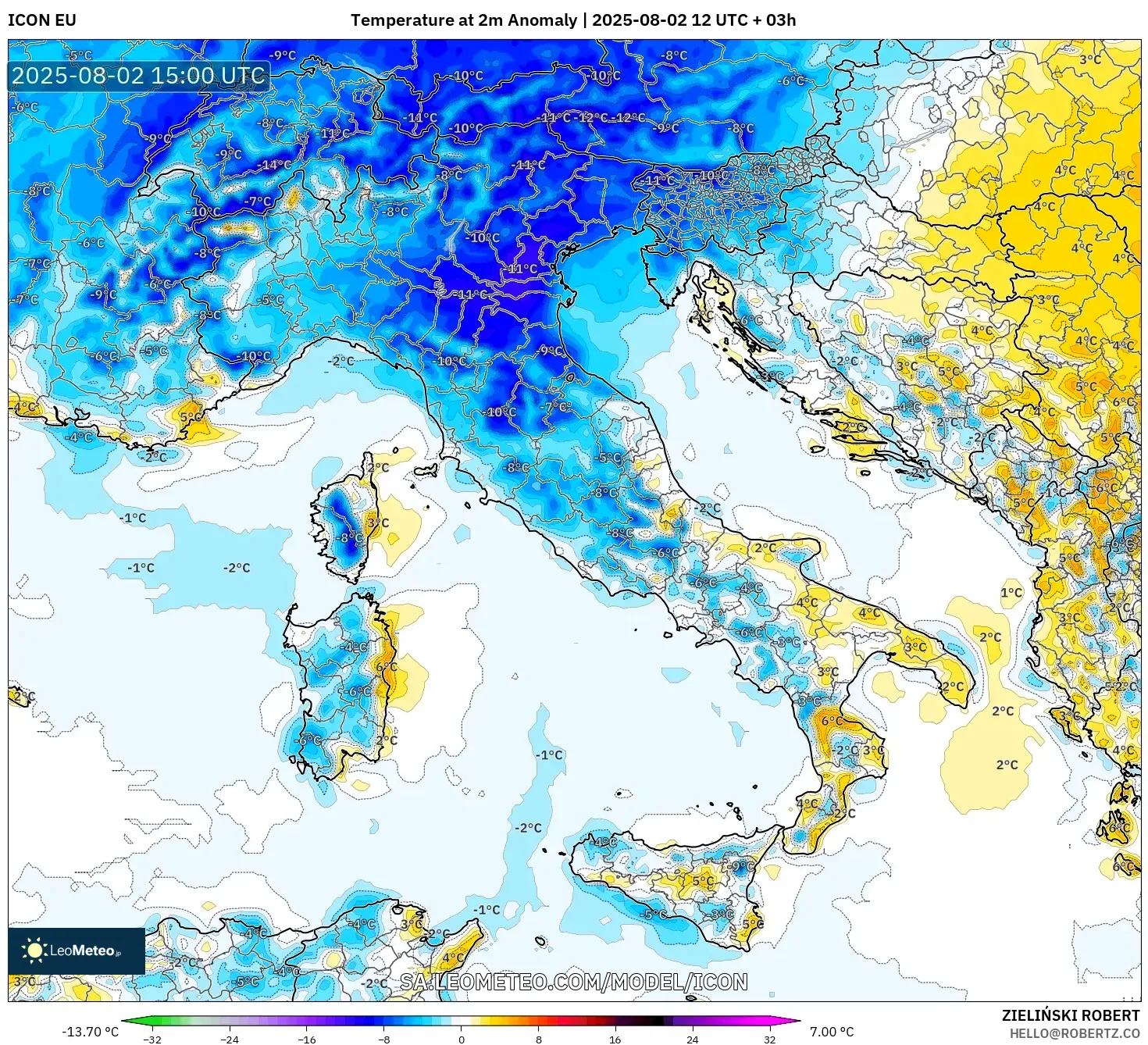 ICON model - Italia, Anomali Suhu 2 m