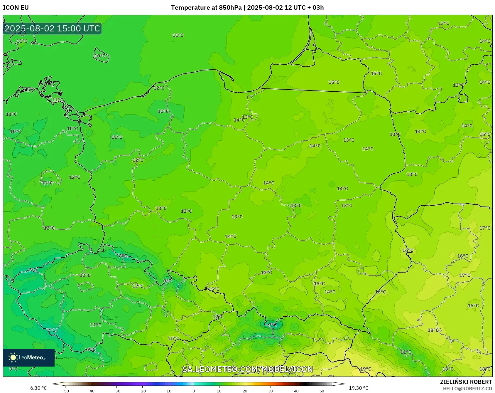ICON model - Poland, Suhu 850 hPa