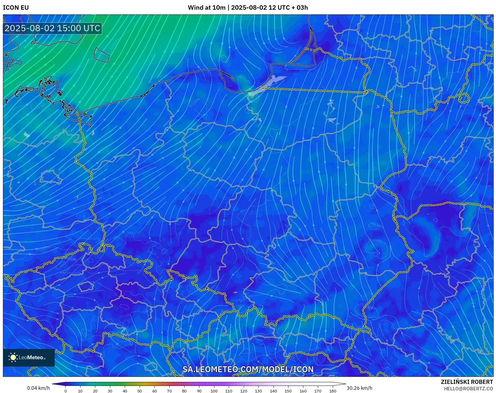 ICON model - Poland, Angin 10 m ICON model - Poland, Angin 10 m