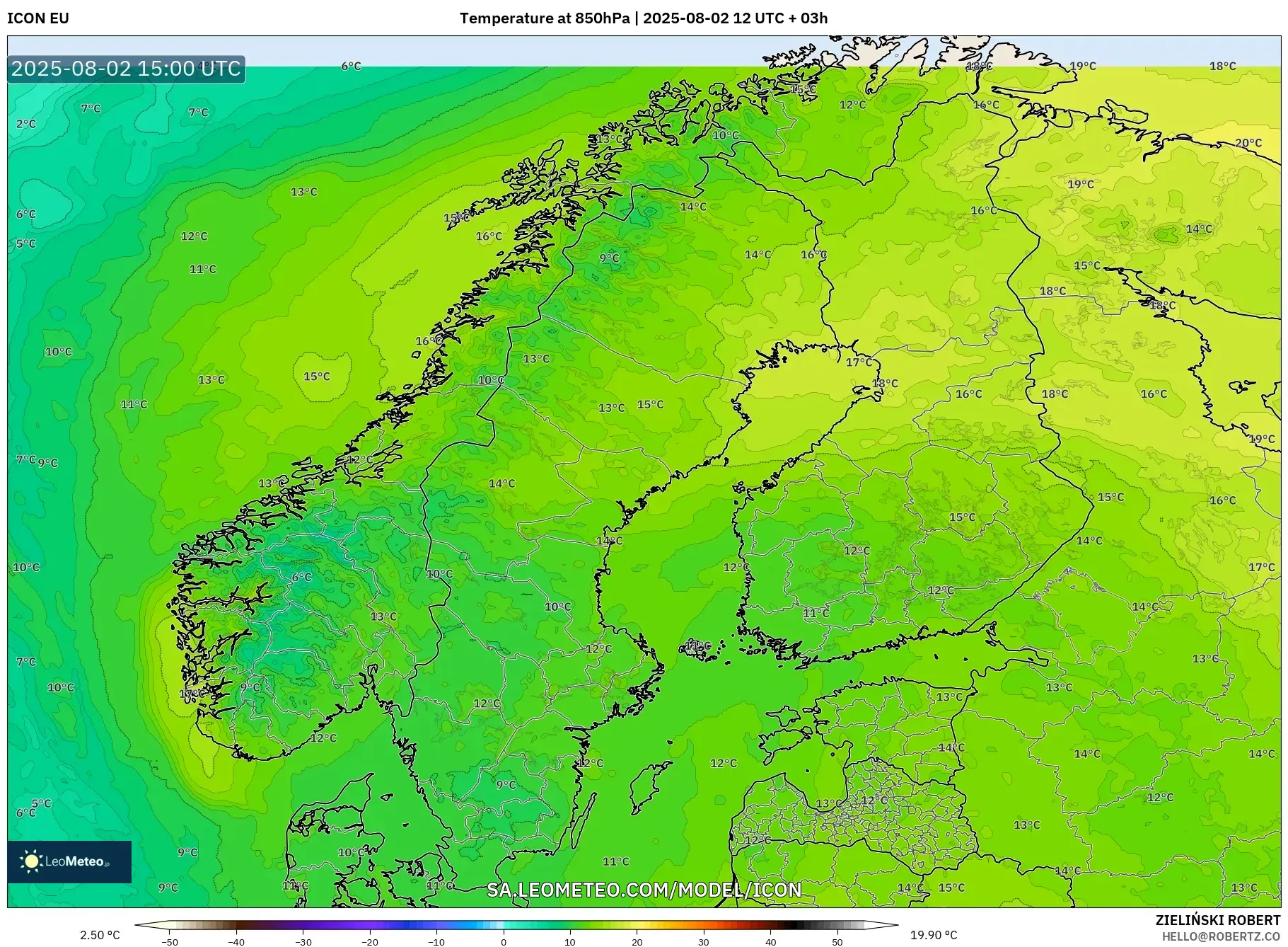 ICON model - Skandinavia, Suhu 850 hPa
