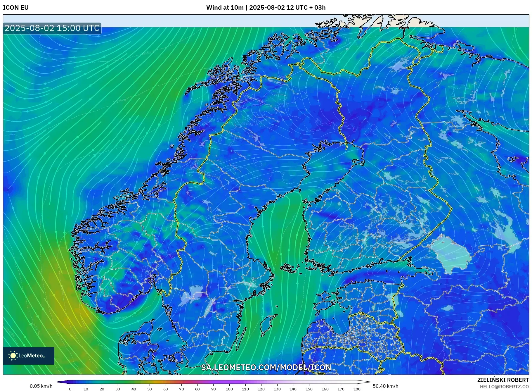 ICON model - Skandinavia, Angin 10 m ICON model - Skandinavia, Angin 10 m