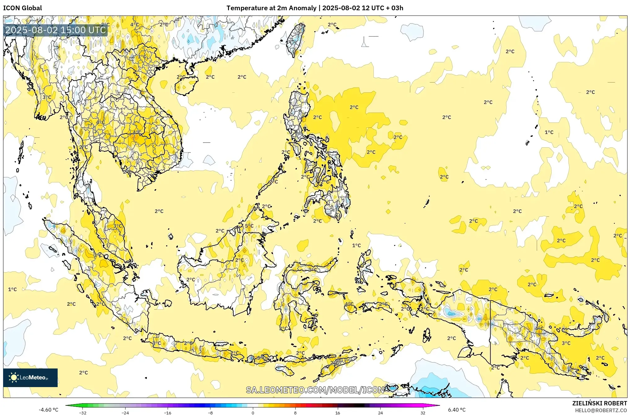 ICON model - Asia Tenggara, Anomali Suhu 2 m ICON model - Asia Tenggara, Anomali Suhu 2 m