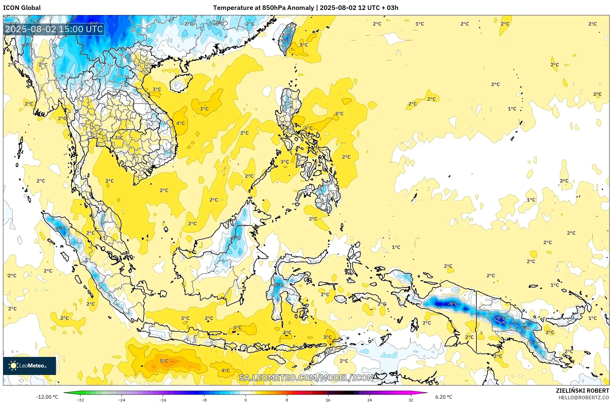 ICON model - Asia Tenggara, Anomali Suhu 850 hPa ICON model - Asia Tenggara, Anomali Suhu 850 hPa
