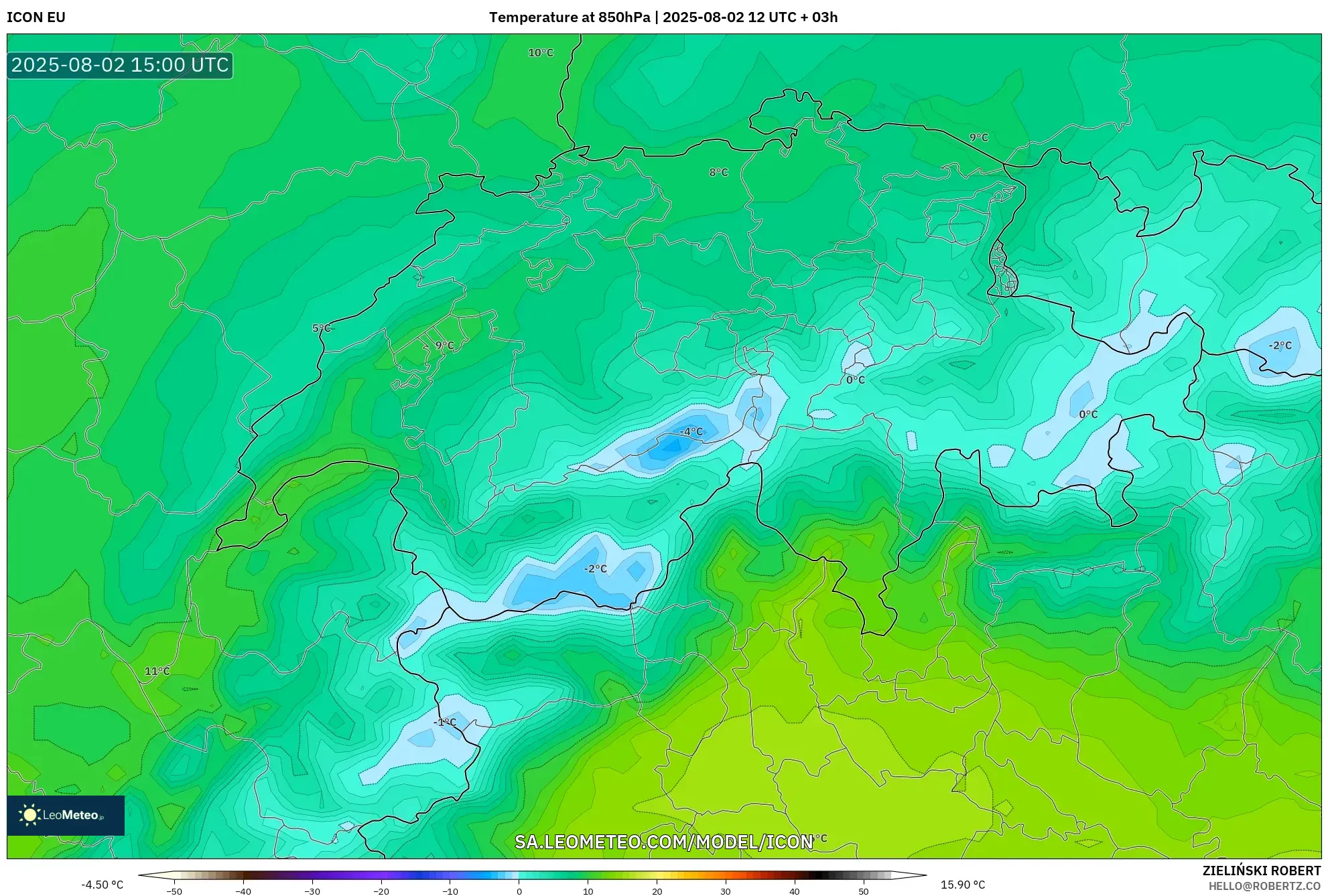 ICON model - Switzerland, Suhu 850 hPa ICON model - Switzerland, Suhu 850 hPa