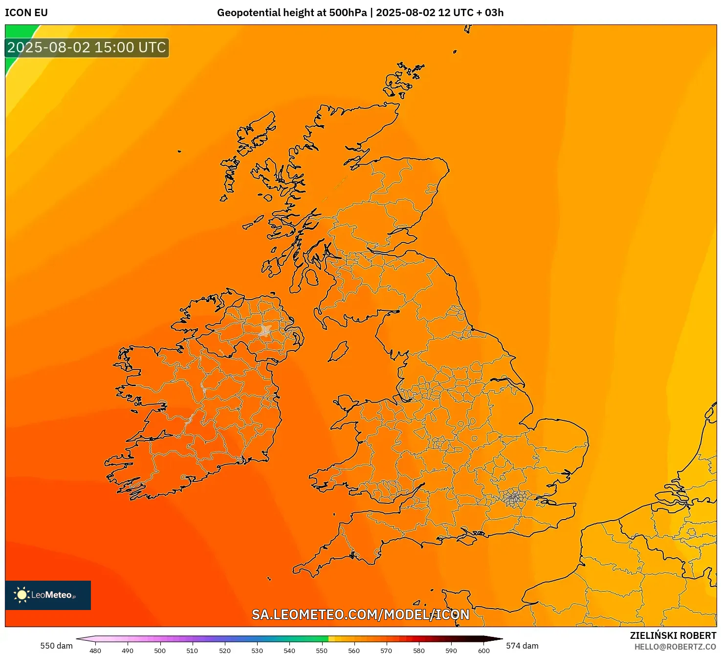 ICON model - United Kingdom, Ketinggian geopotensial pada 500 hPa ICON model - United Kingdom, Ketinggian geopotensial pada 500 hPa