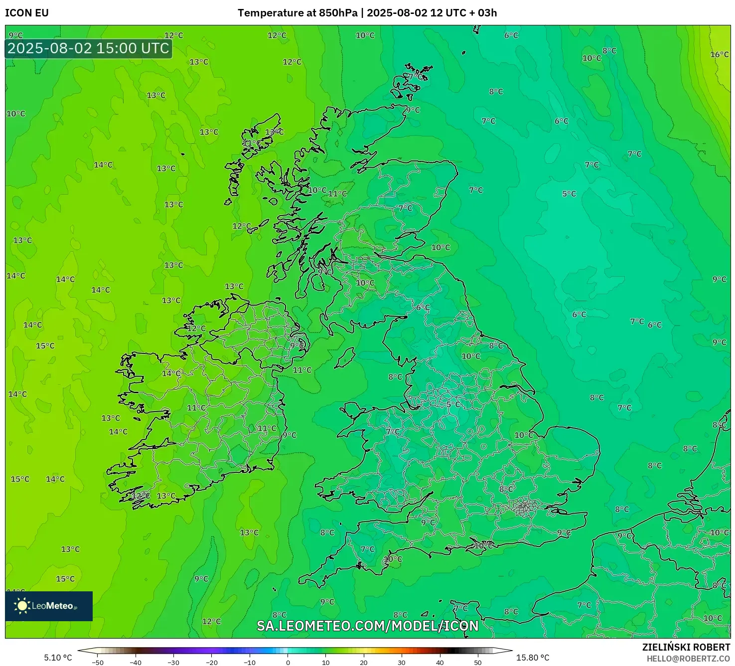 ICON model - United Kingdom, Suhu 850 hPa