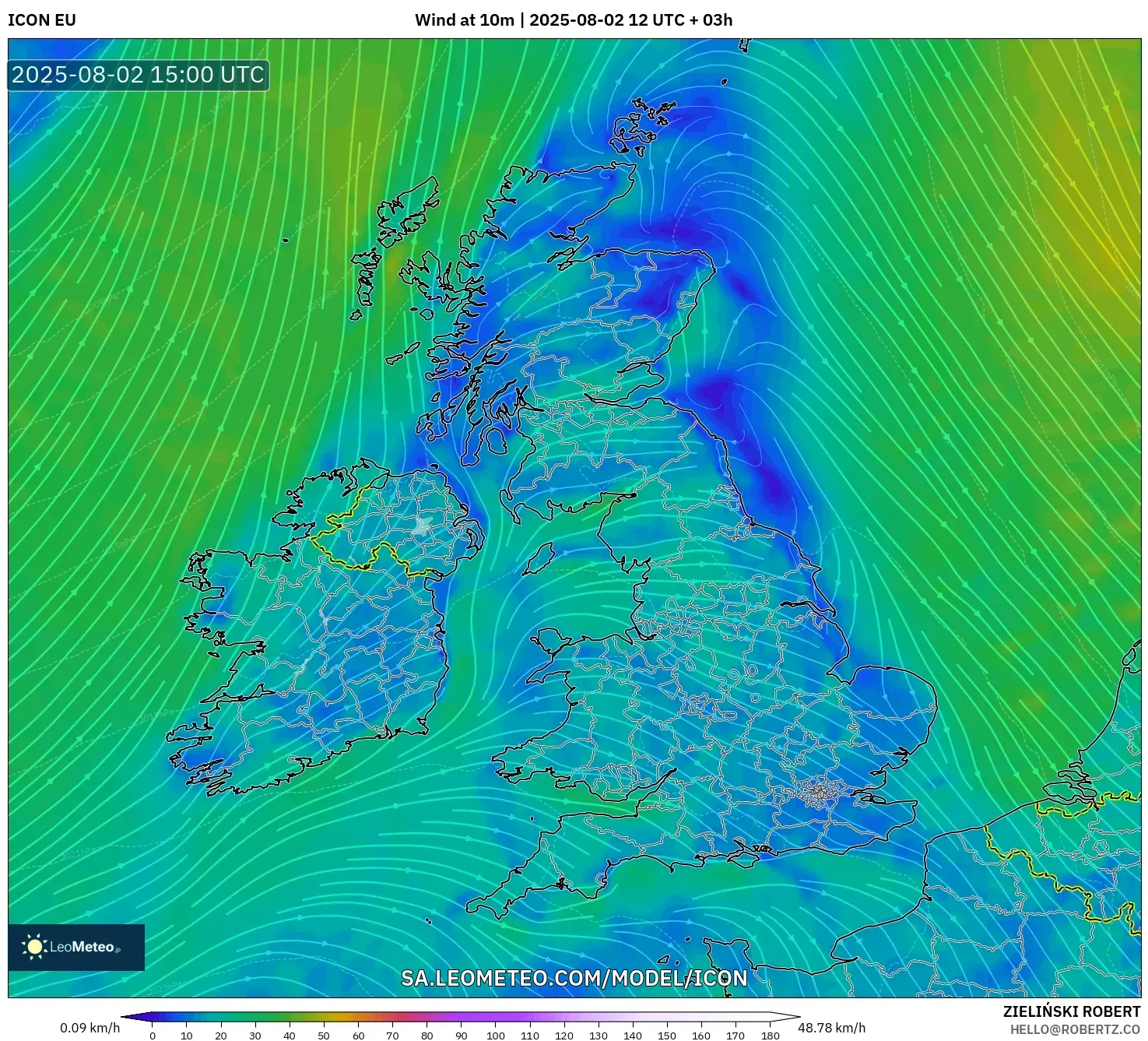 ICON model - United Kingdom, Angin 10 m ICON model - United Kingdom, Angin 10 m