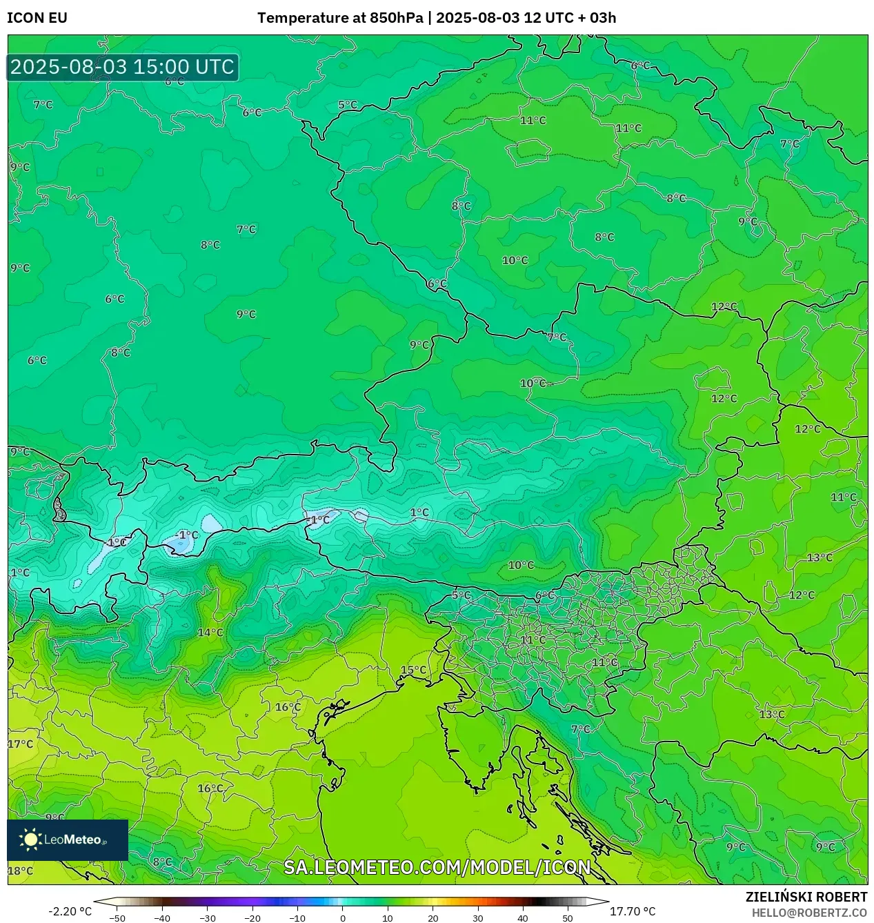 ICON model - Austria, Temperature at 850hPa ICON model - Austria, Temperature at 850hPa