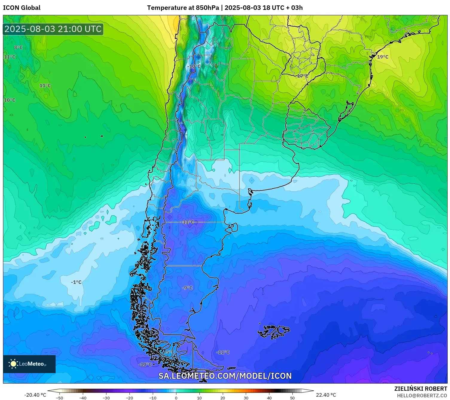 ICON model - Argentina, Temperature at 850hPa