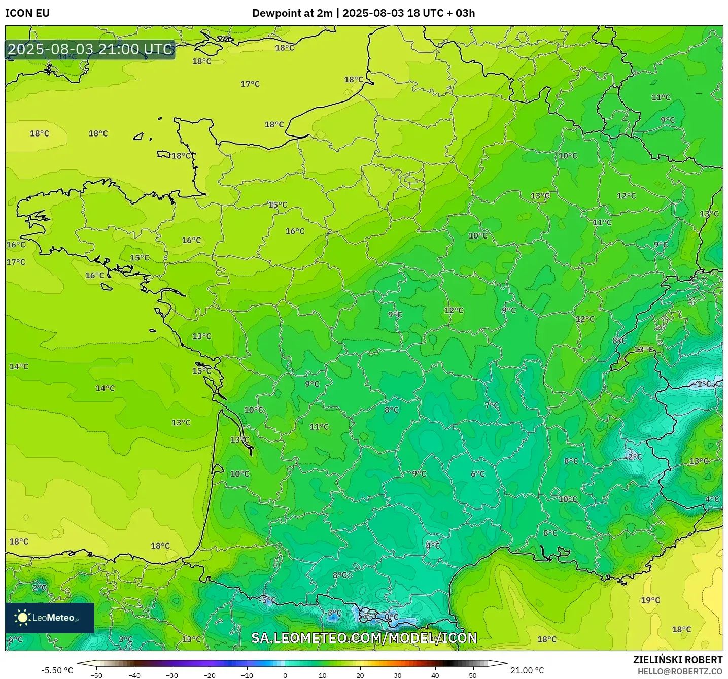 ICON model - France, Dewpoint at 2m
