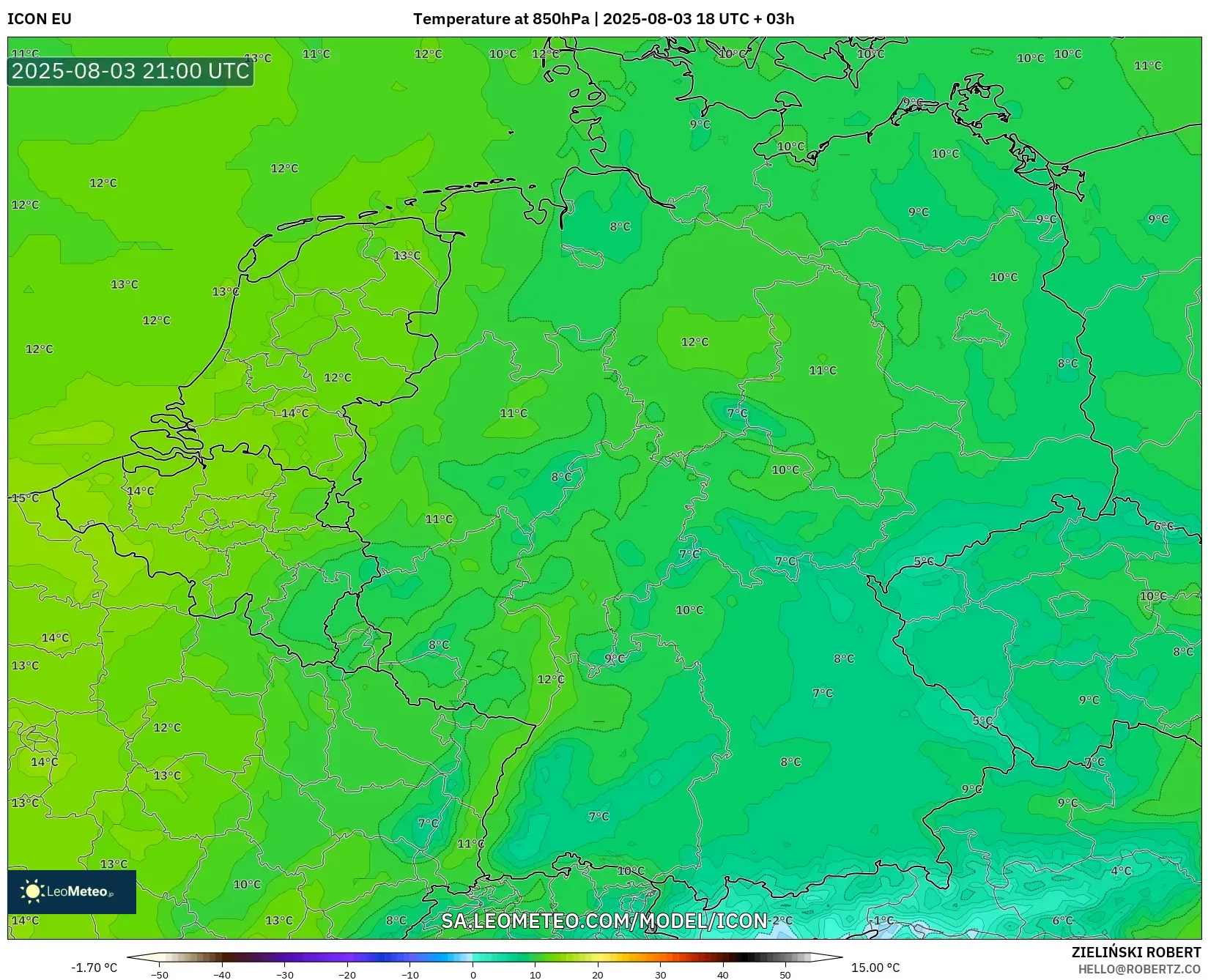 ICON model - Germany, Temperature at 850hPa ICON model - Germany, Temperature at 850hPa