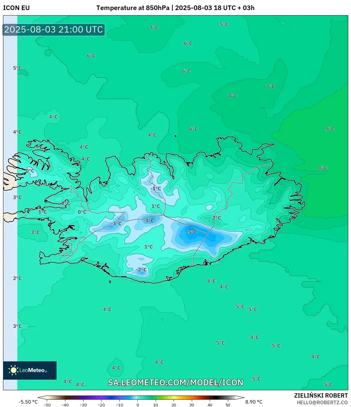 ICON model - Iceland, Temperature at 850hPa ICON model - Iceland, Temperature at 850hPa