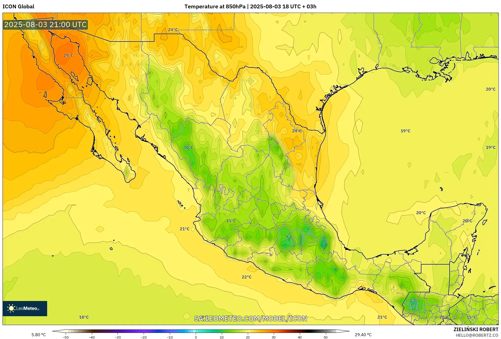 ICON model - Mexico, Temperature at 850hPa ICON model - Mexico, Temperature at 850hPa