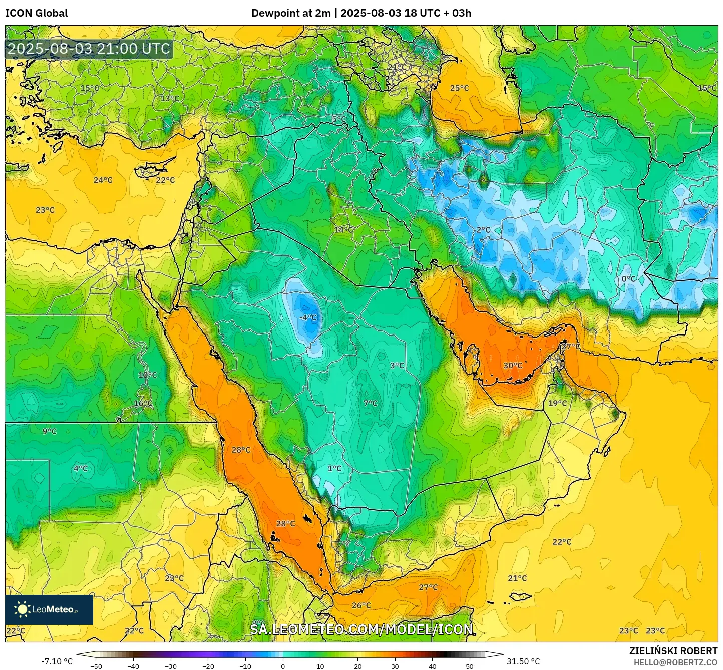 ICON model - Middle East, Dewpoint at 2m
