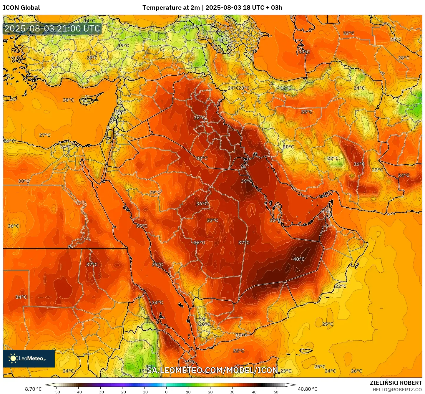 ICON model - Middle East, Temperature at 2m ICON model - Middle East, Temperature at 2m
