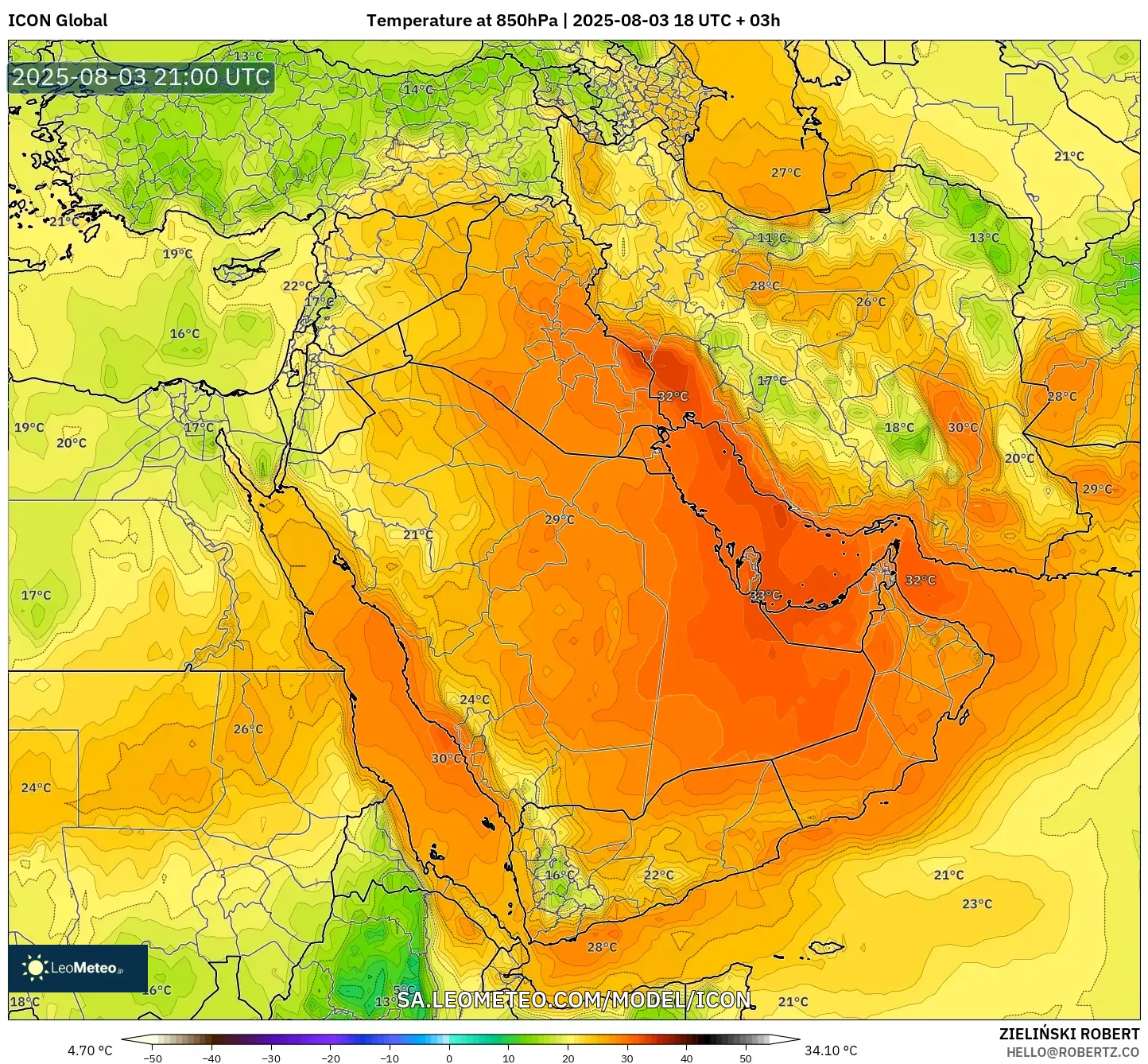 ICON model - Middle East, Temperature at 850hPa ICON model - Middle East, Temperature at 850hPa