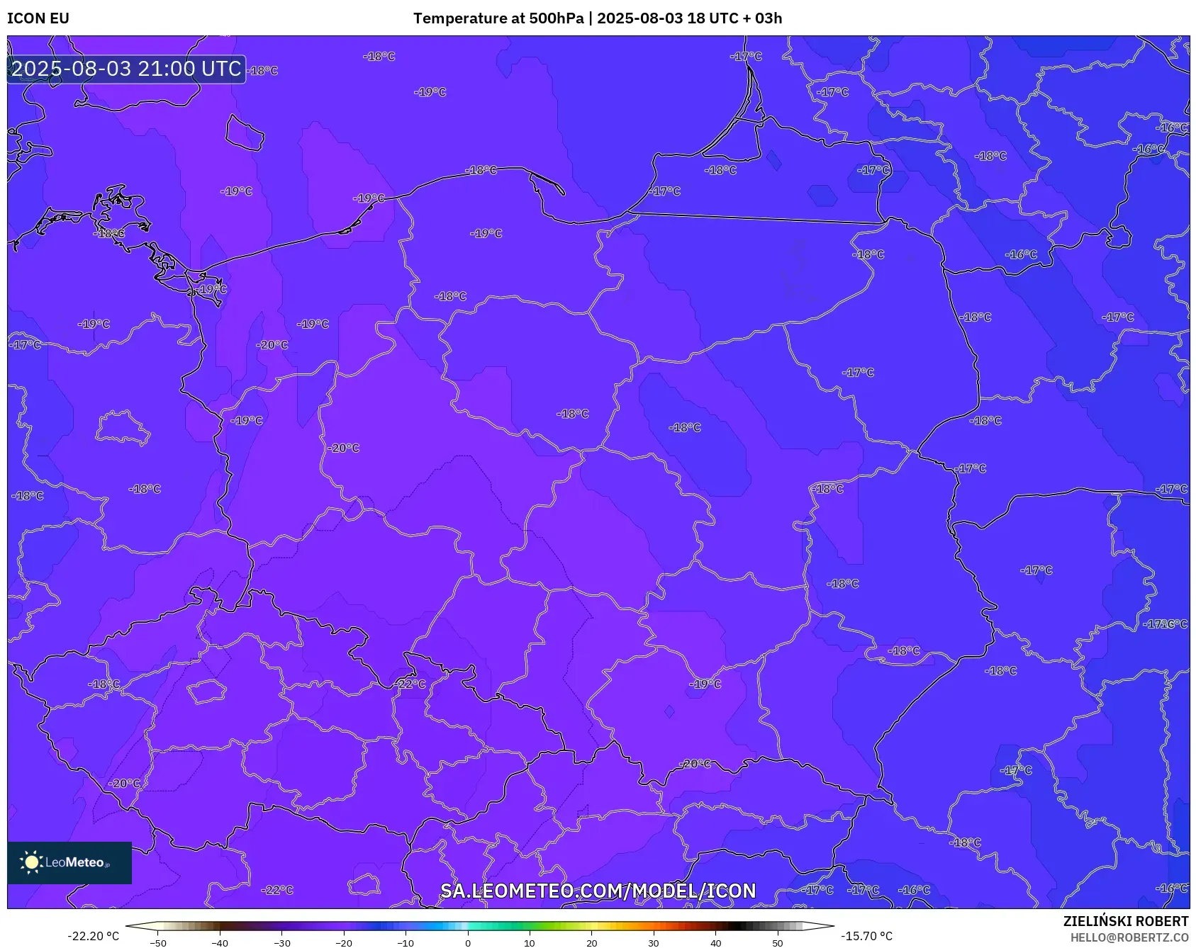 ICON model - Poland, Temperature at 500hPa