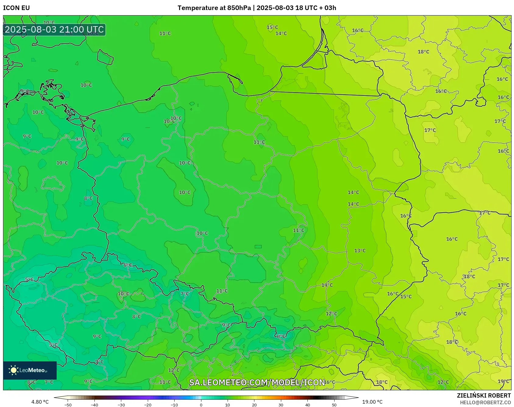 ICON model - Poland, Temperature at 850hPa ICON model - Poland, Temperature at 850hPa