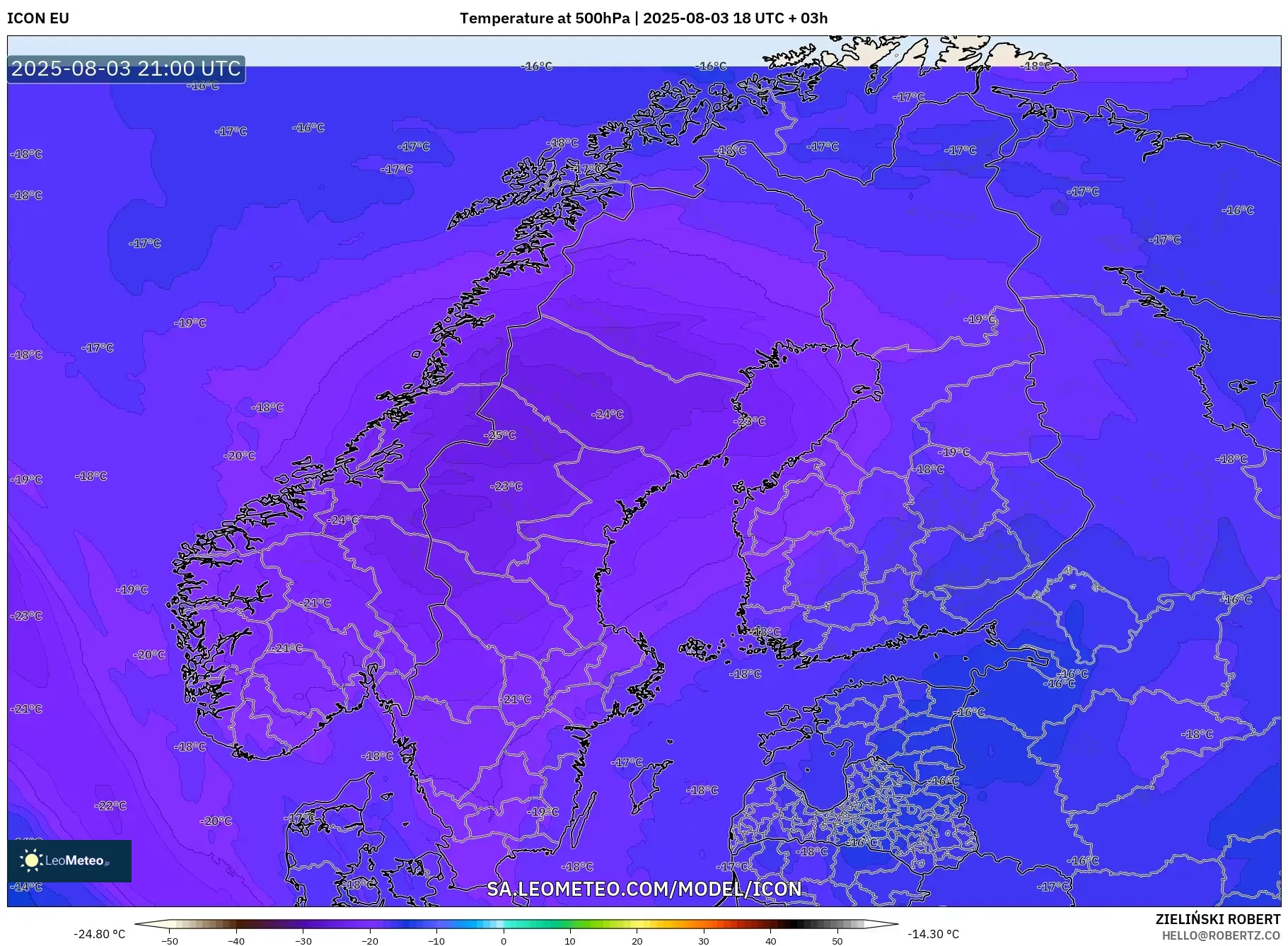 ICON model - Scandinavia, Temperature at 500hPa