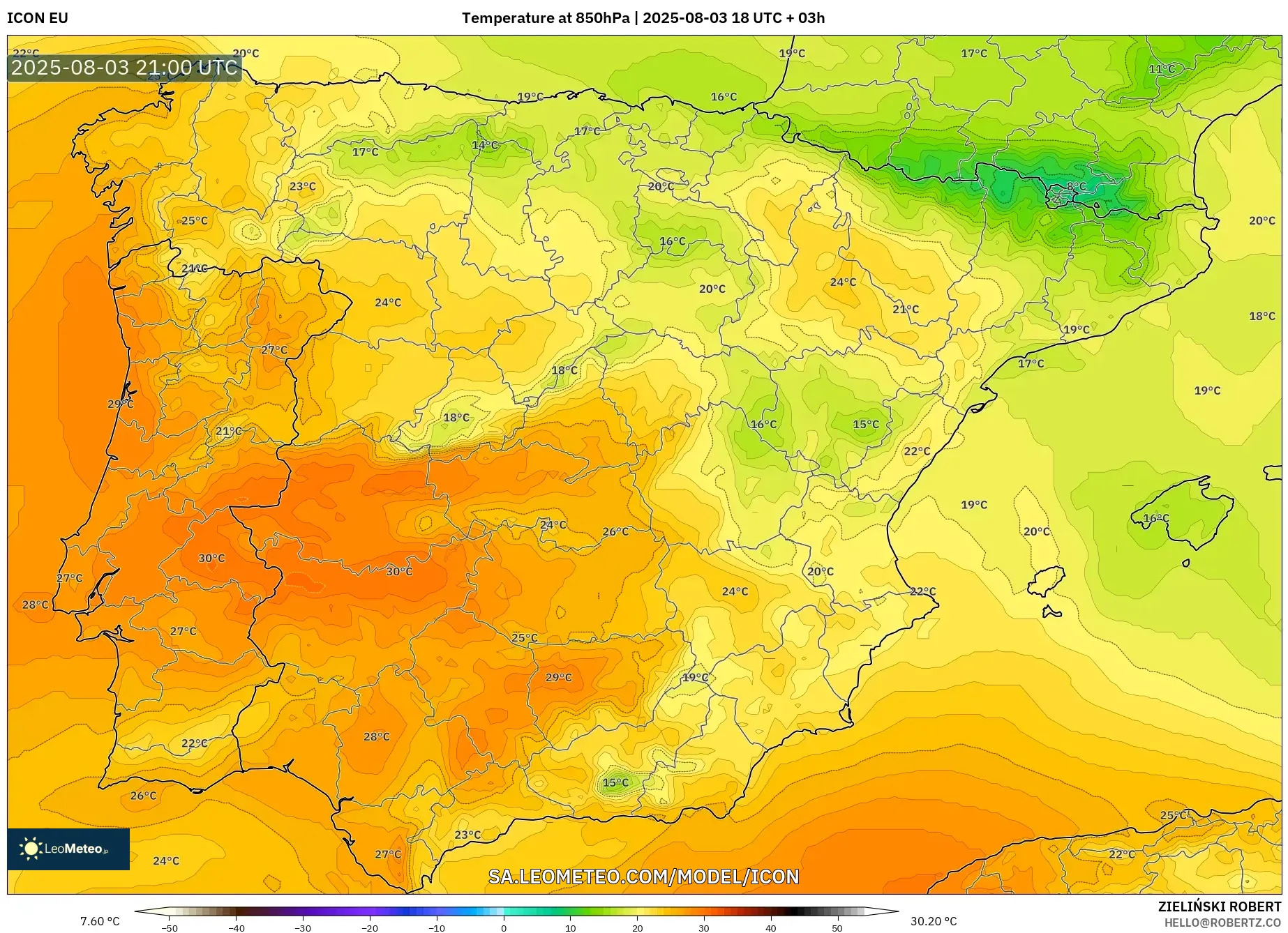 ICON model - Spain, Temperature at 850hPa