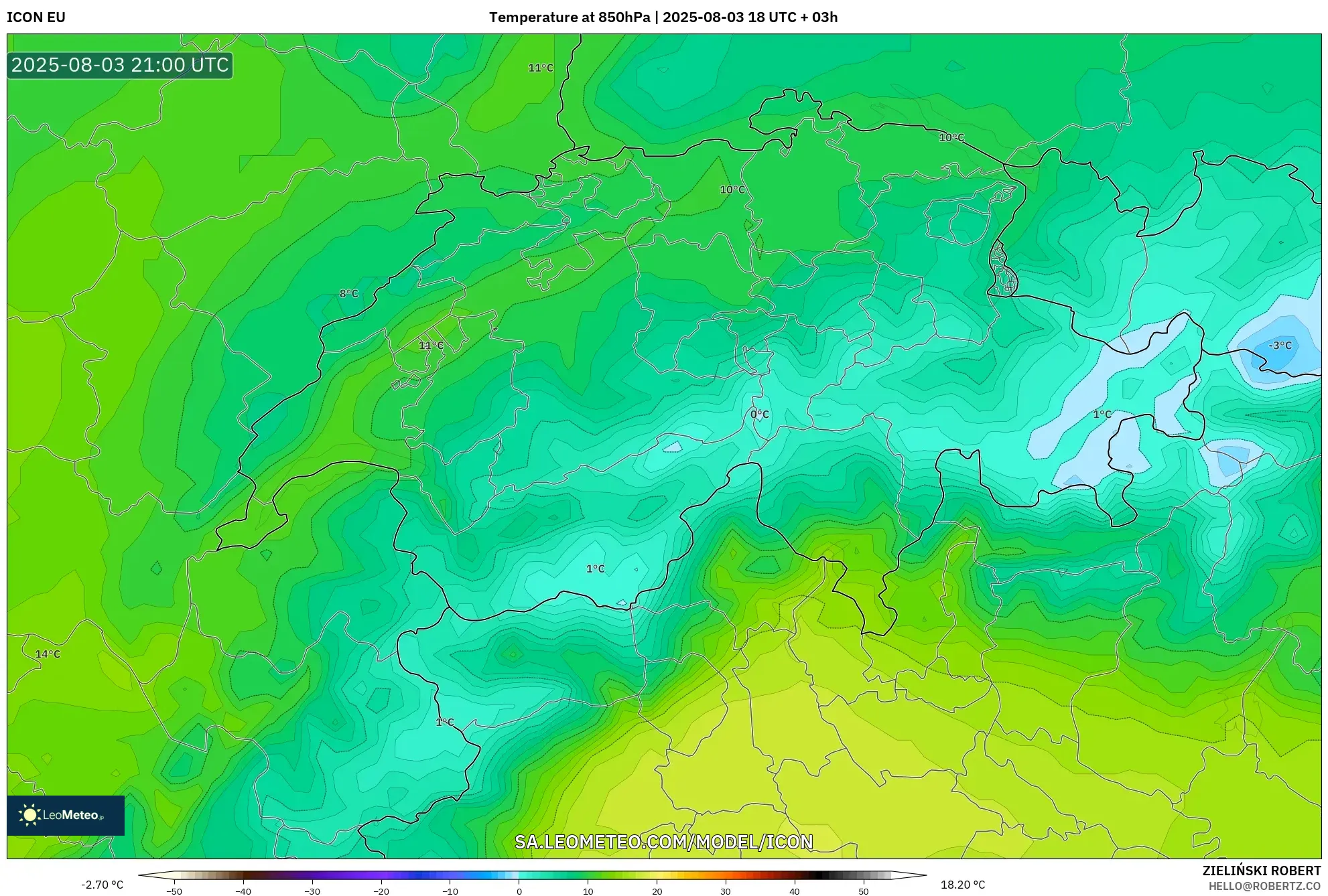 ICON model - Switzerland, Temperature at 850hPa