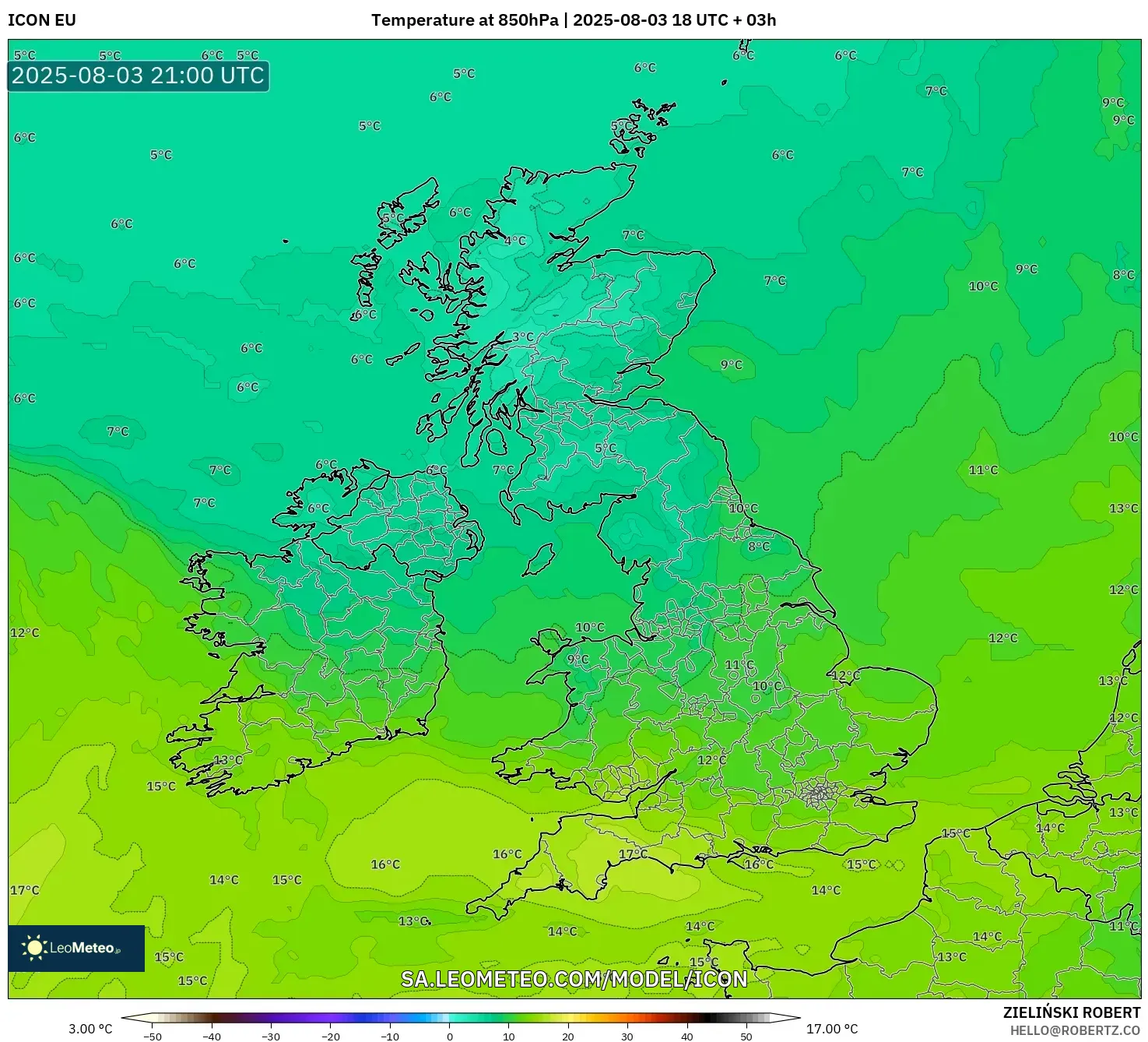 ICON model - United Kingdom, Temperature at 850hPa