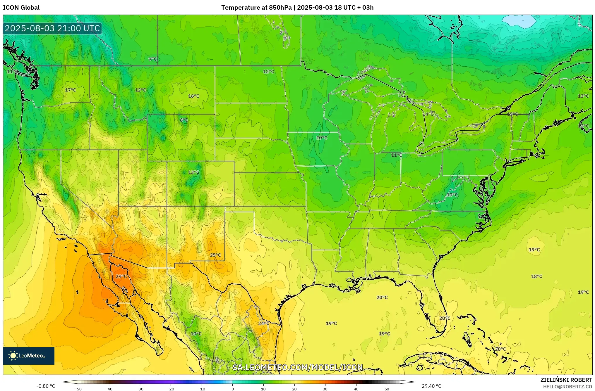 ICON model - United States, Temperature at 850hPa ICON model - United States, Temperature at 850hPa