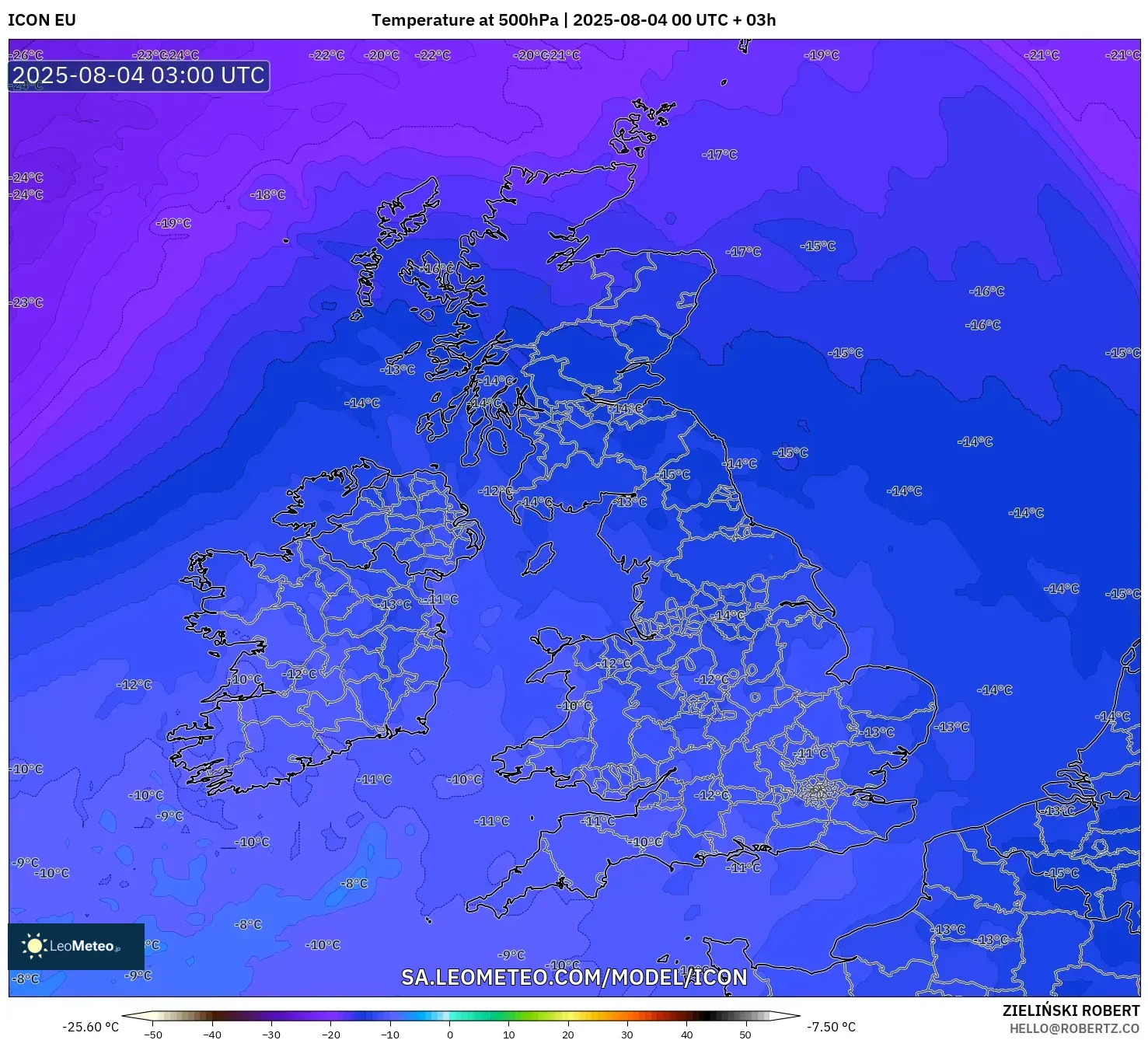 ICON model - United Kingdom, Temperature at 500hPa ICON model - United Kingdom, Temperature at 500hPa