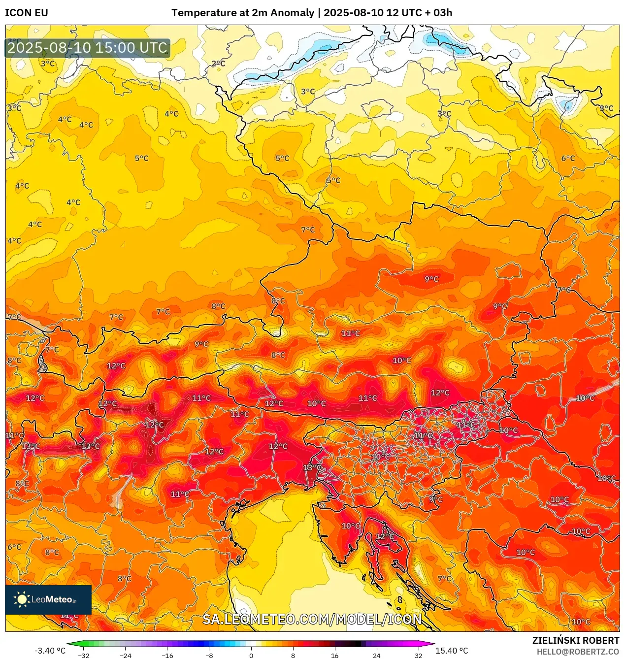 ICON model - Austria, Temperature at 2m Anomaly
