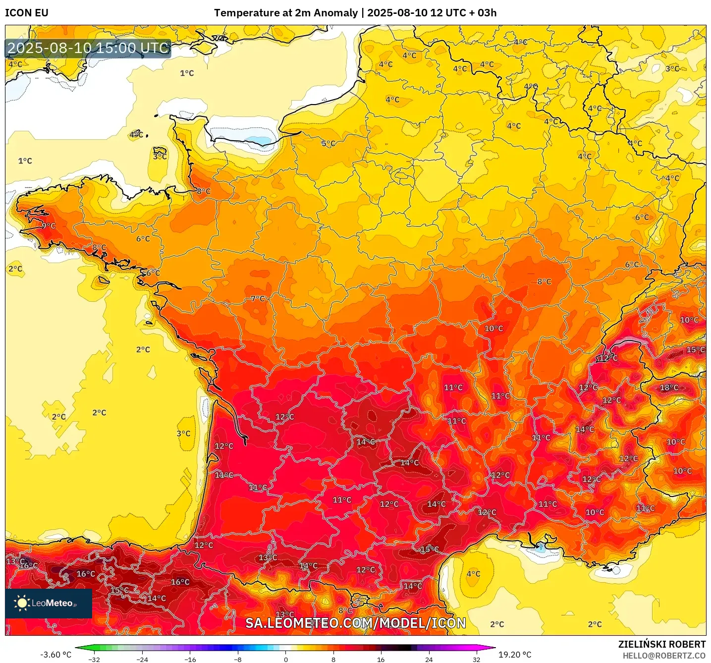 ICON model - France, Temperature at 2m Anomaly ICON model - France, Temperature at 2m Anomaly