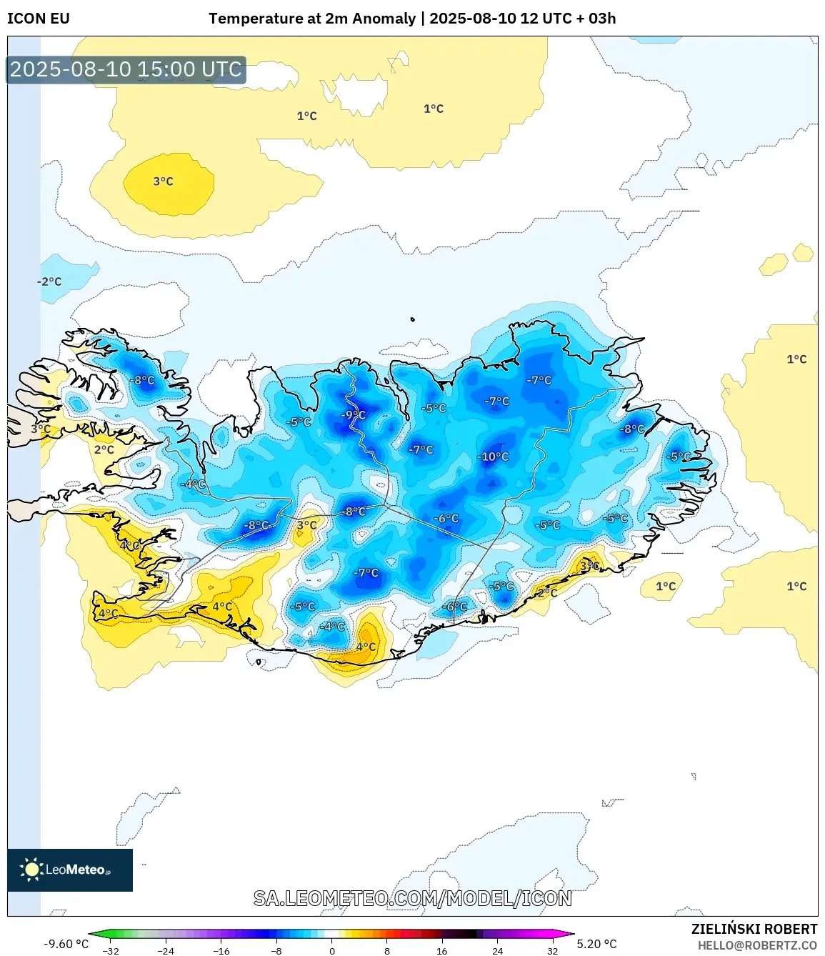 ICON model - Iceland, Temperature at 2m Anomaly ICON model - Iceland, Temperature at 2m Anomaly