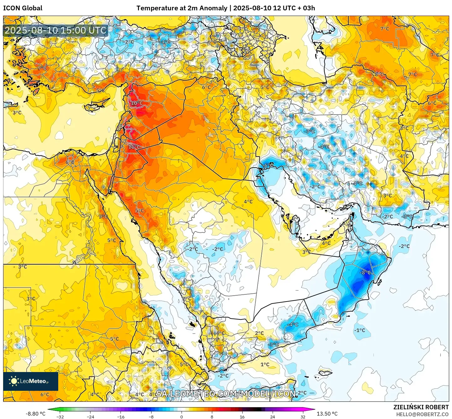 ICON model - Middle East, Temperature at 2m Anomaly ICON model - Middle East, Temperature at 2m Anomaly