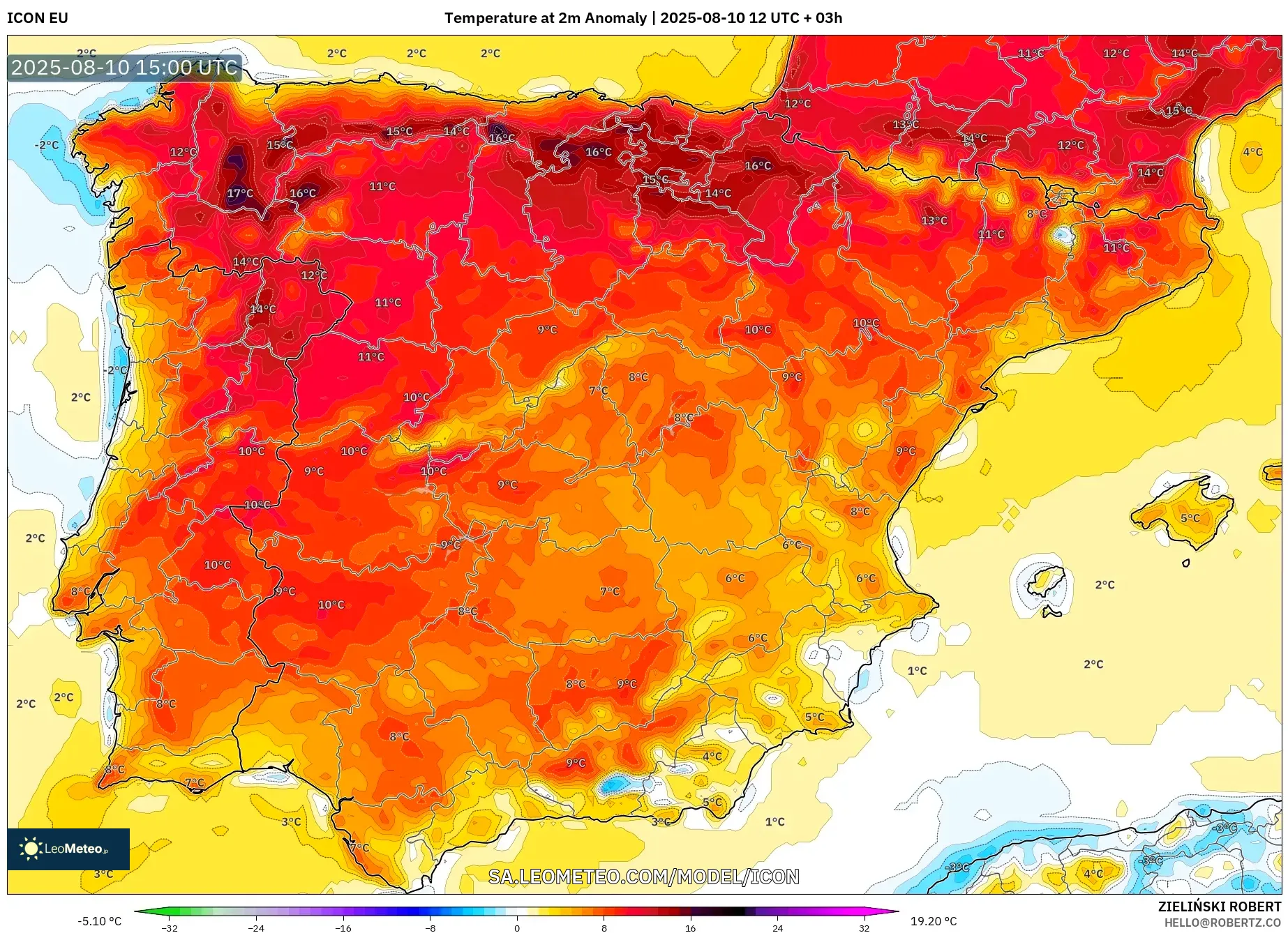 ICON model - Spain, Temperature at 2m Anomaly
