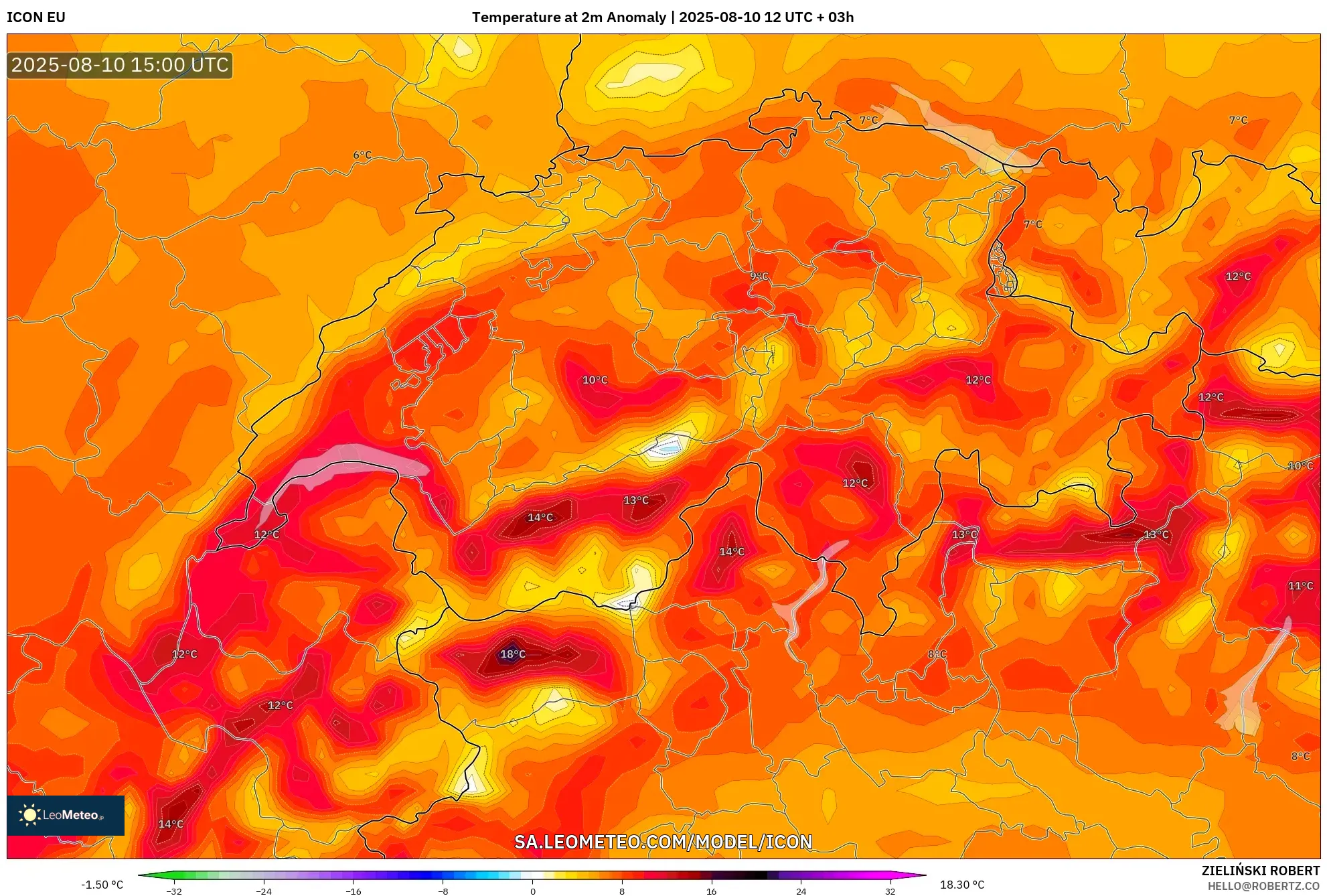 ICON model - Switzerland, Temperature at 2m Anomaly