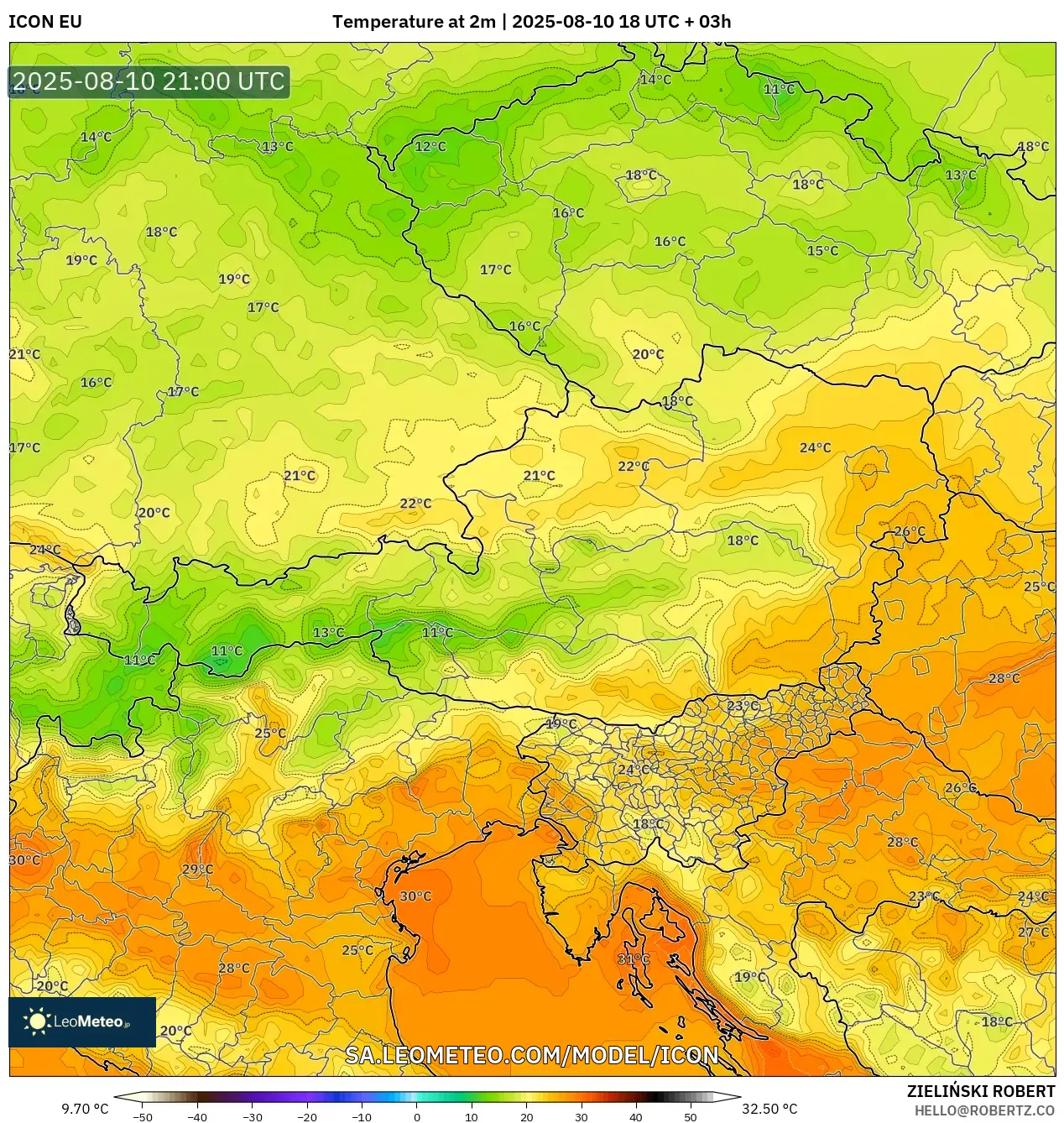 ICON model - Austria, Temperature at 2m