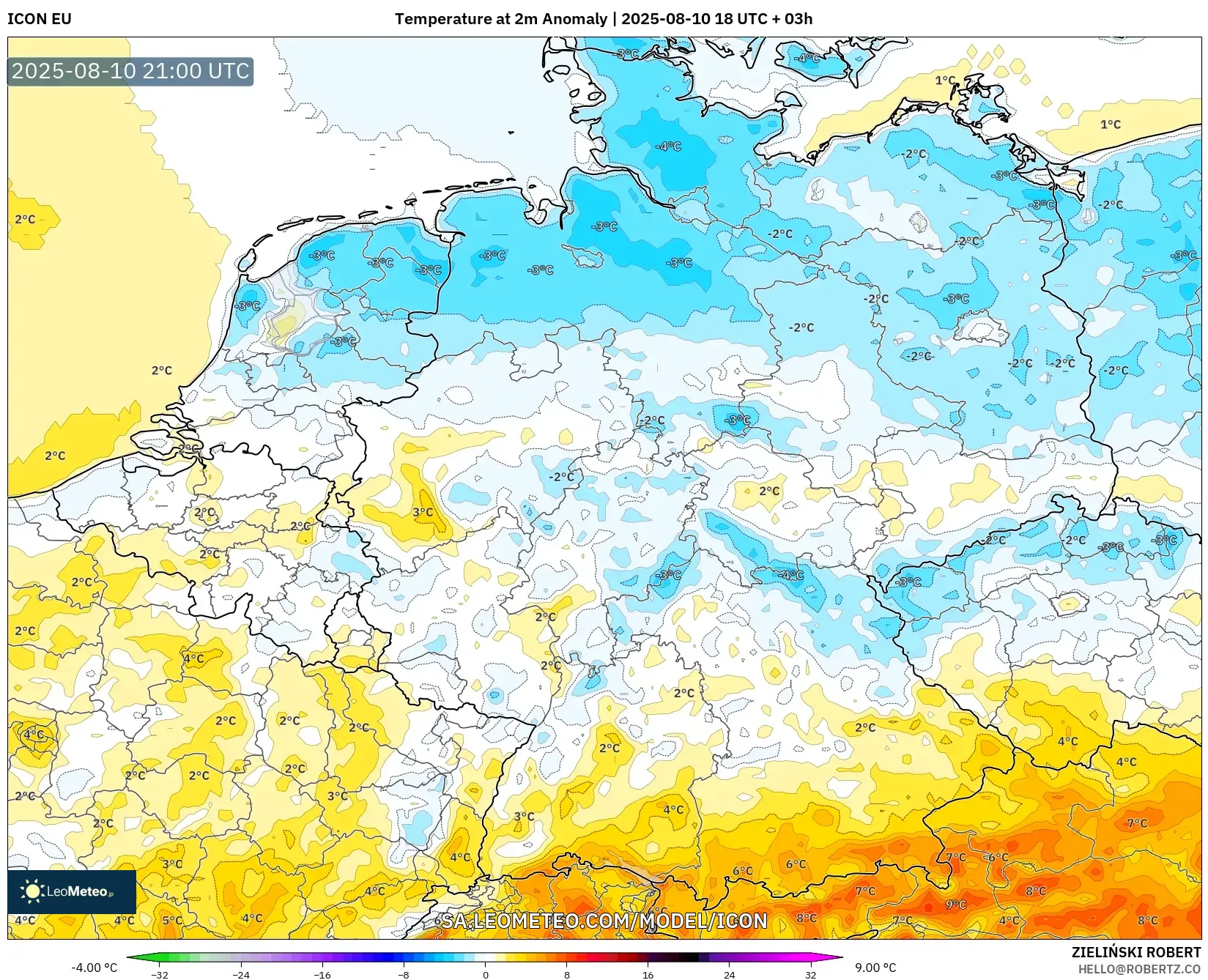 ICON model - Germany, Temperature at 2m Anomaly