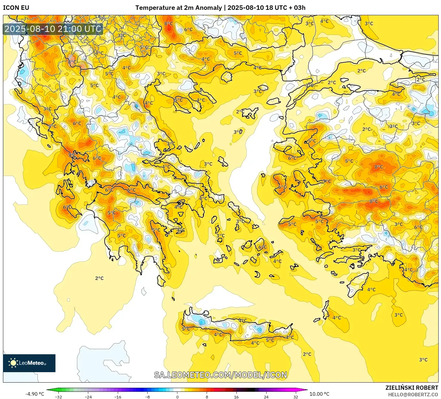 ICON model - Greece, Temperature at 2m Anomaly
