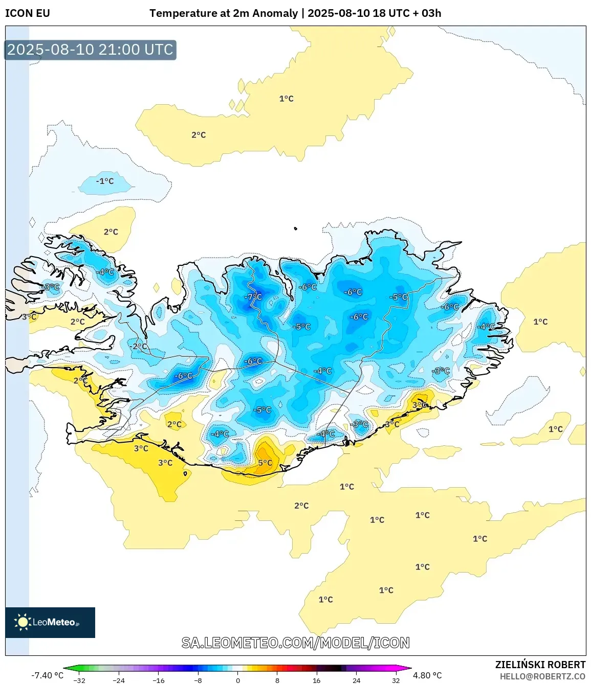 ICON model - Iceland, Temperature at 2m Anomaly ICON model - Iceland, Temperature at 2m Anomaly